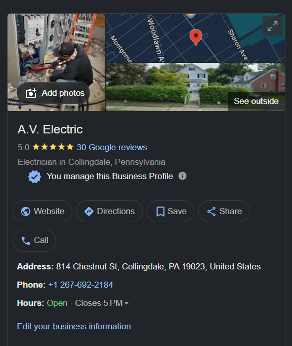 A.V. Electric Google Business Profile listing